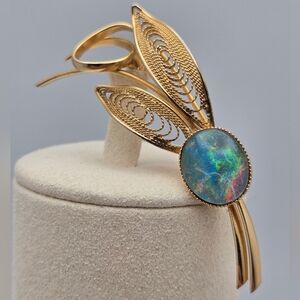 Blue Opal Dragonfly Filigree Vintage Brooch Gold Tone Pin